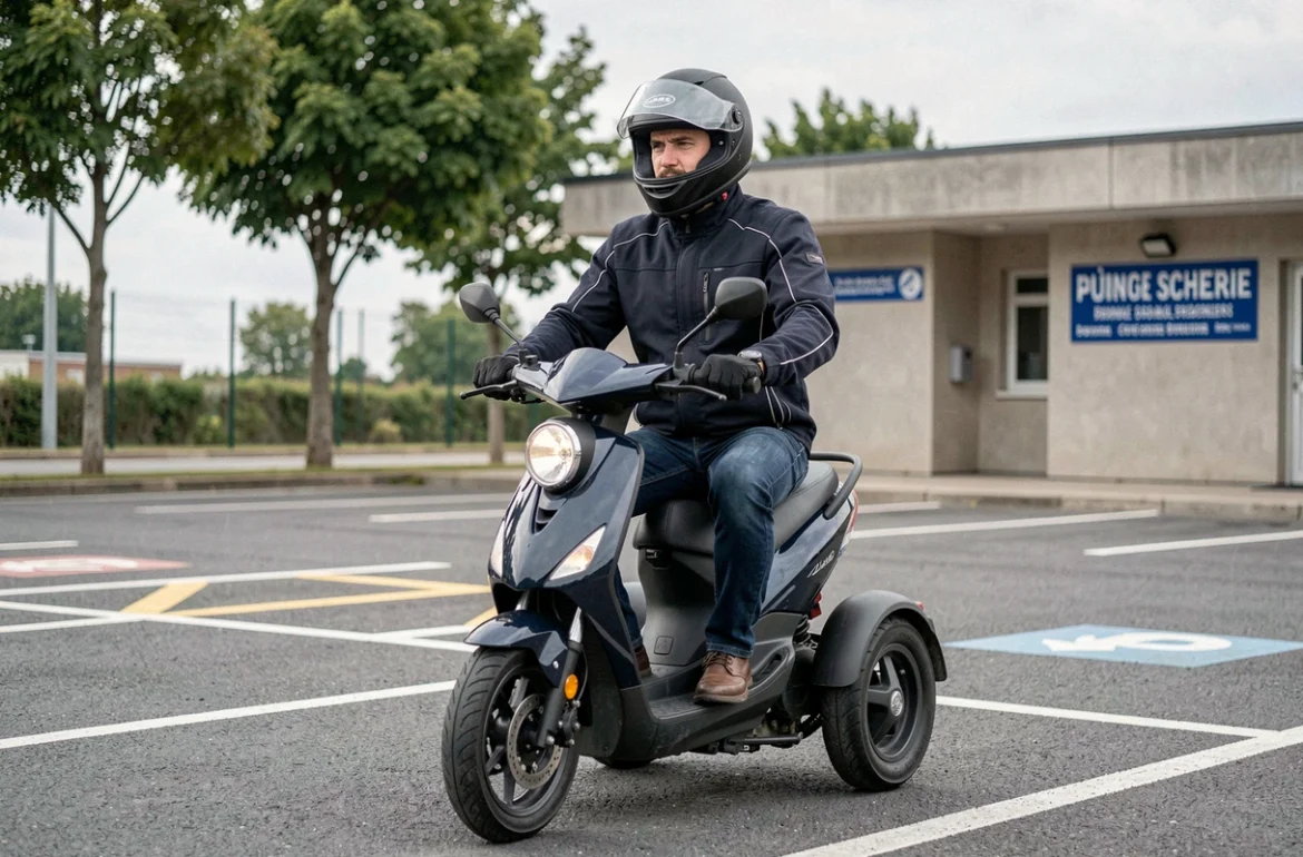 Homme en équipement de conduite assis sur un scooter 3 roues dans une auto-école française