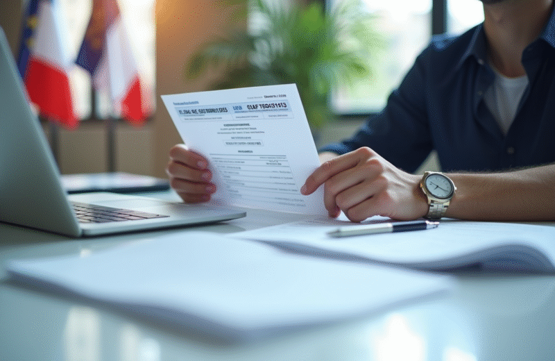 Personne tenant un certificat d'immatriculation française à côté de documents