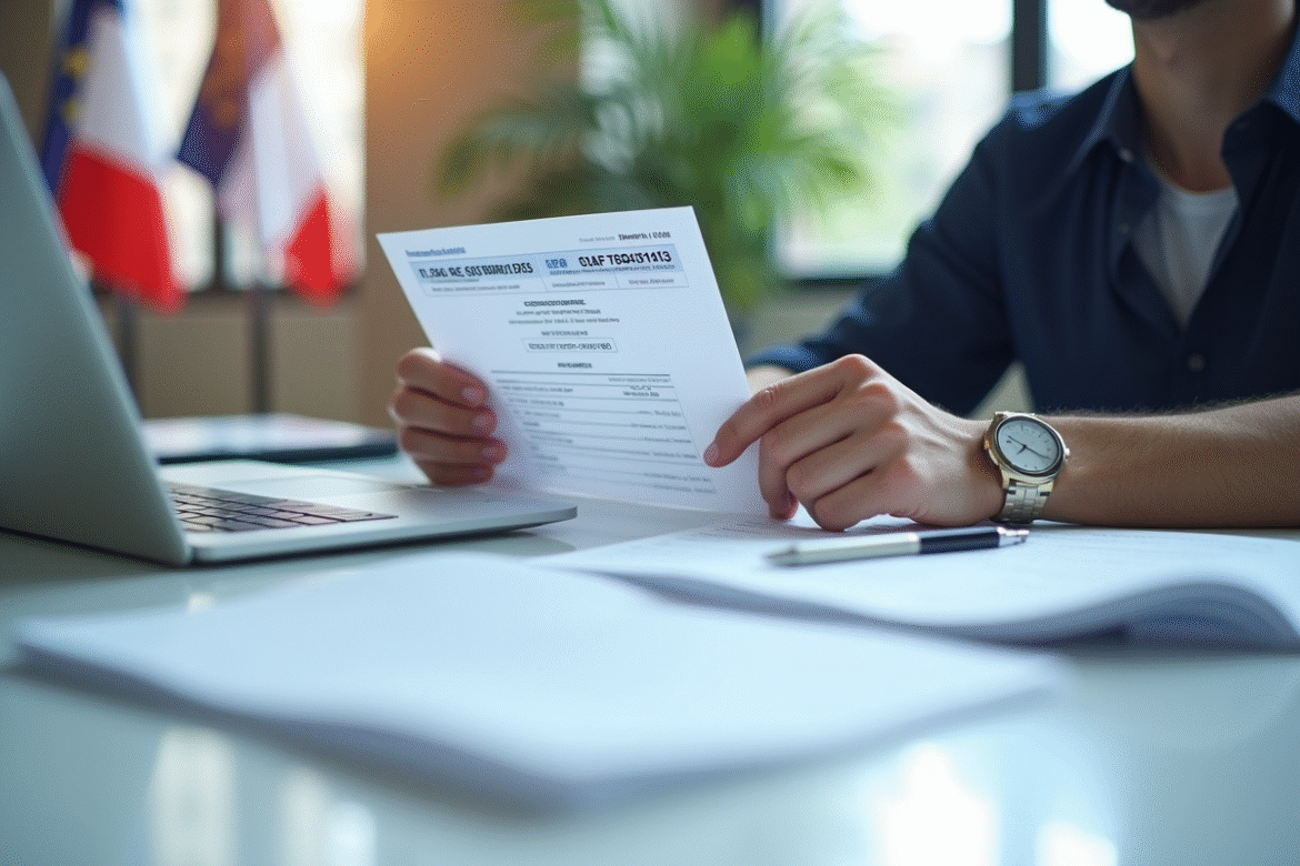 Personne tenant un certificat d'immatriculation française à côté de documents