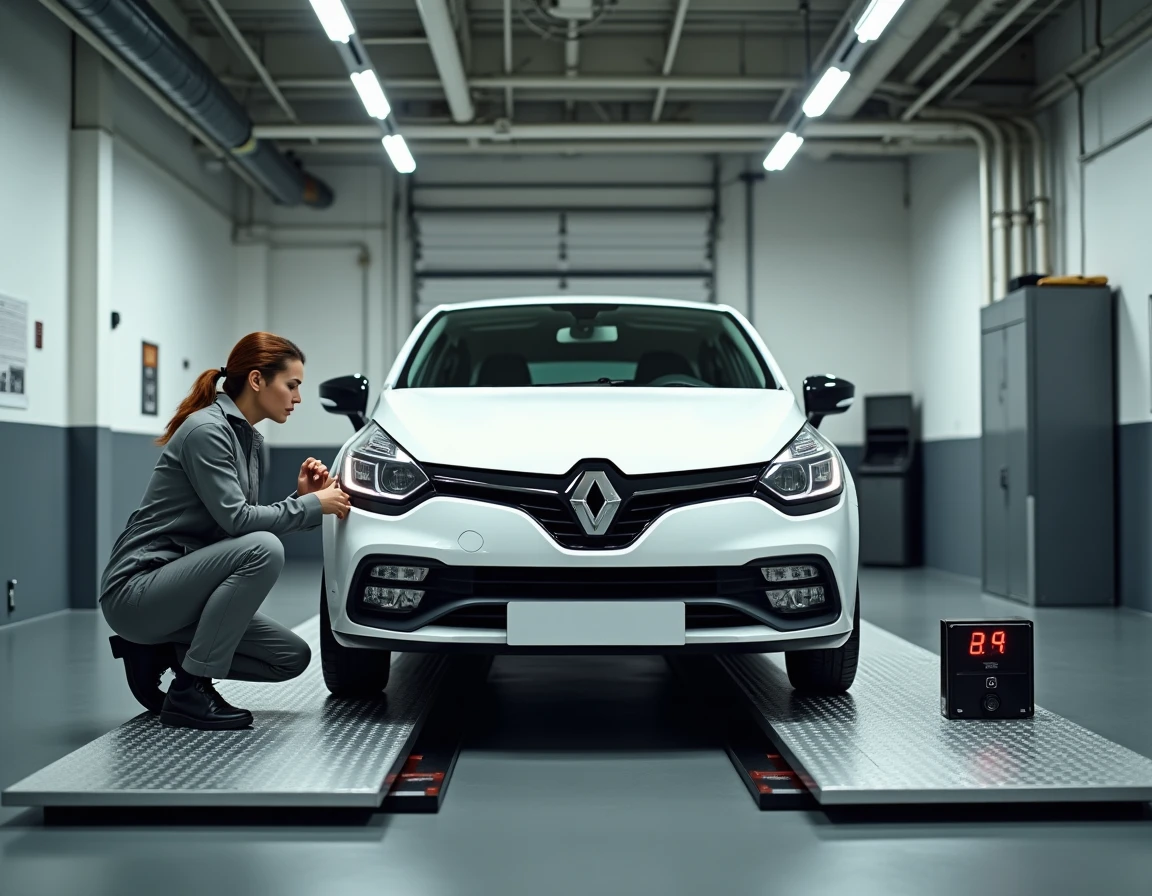 Technicienne mesurant le poids d'une Renault Clio blanche sur une plateforme de pesée dans un centre de contrôle automobile, référence au critère de gabarit pour l'assurance