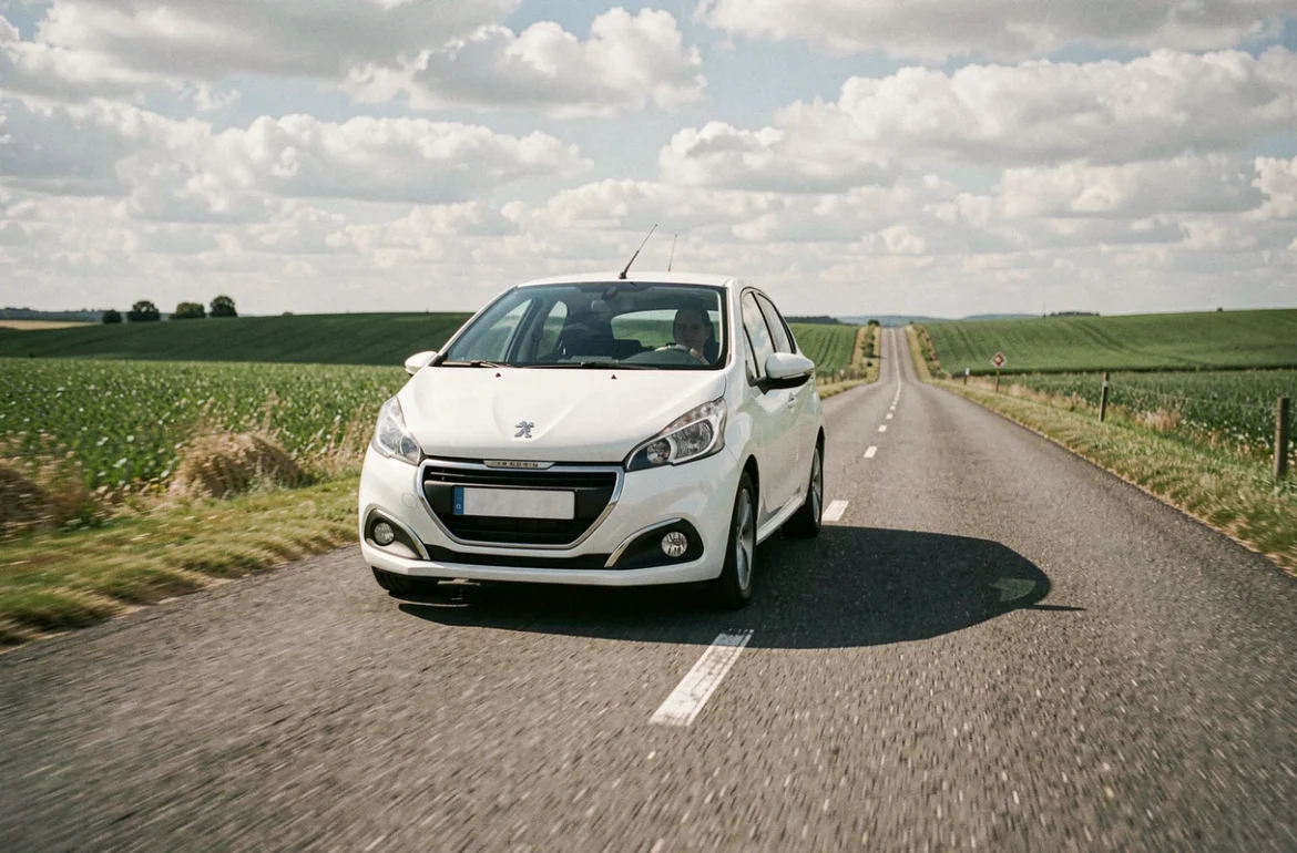 Peugeot 208 VTi blanche en circulation sur une route de campagne, photo éditoriale réaliste