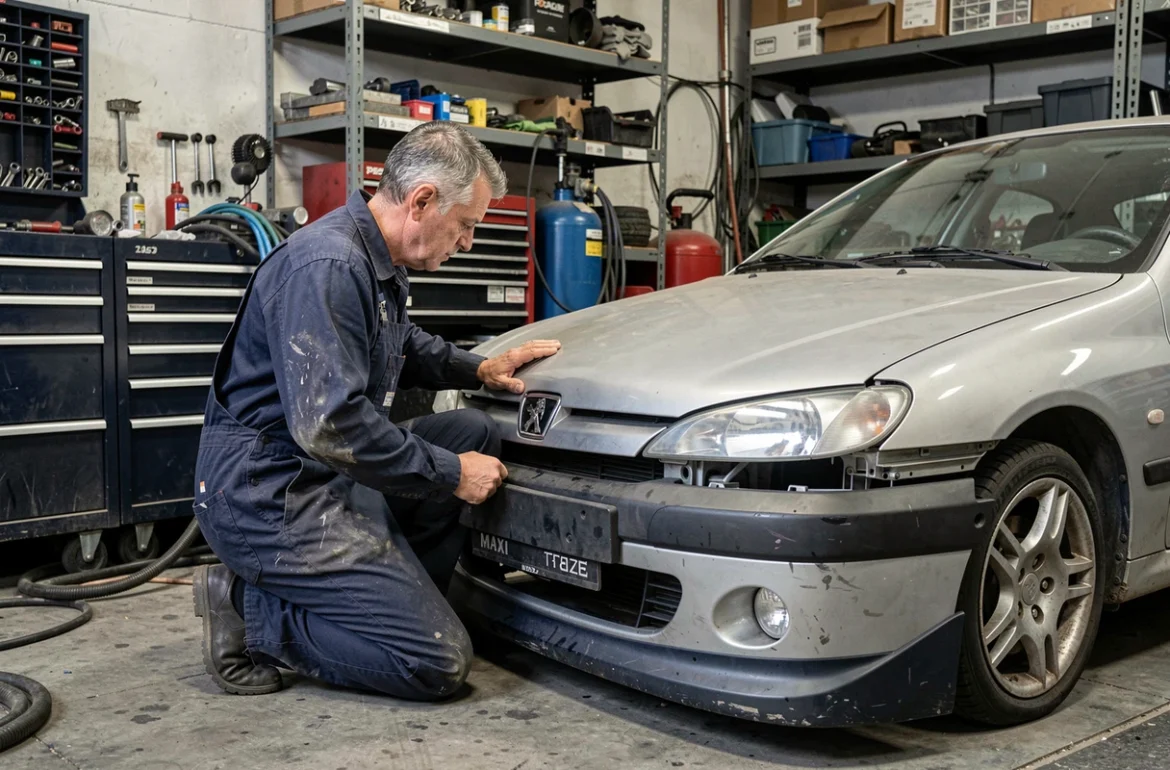 Mécanicien installant un kit carrosserie Maxi sur une Peugeot 306 dans un atelier de préparation automobile