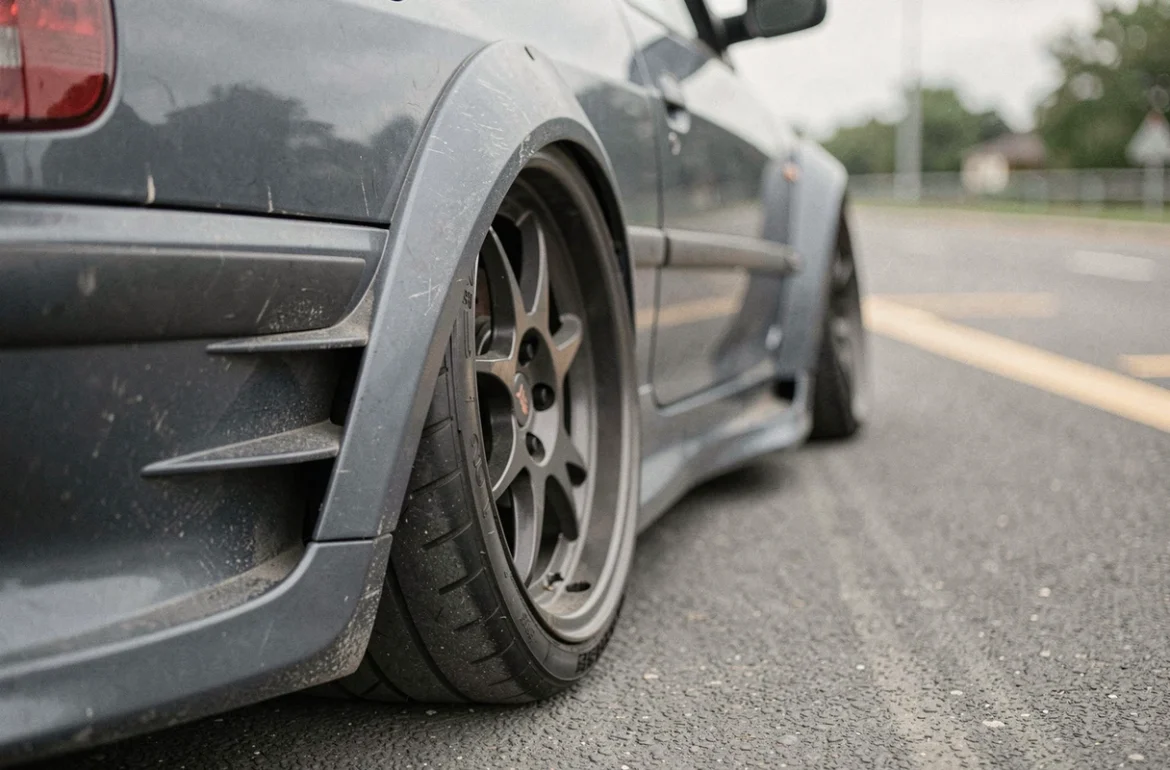 Détail de l'aile arrière élargie du kit Maxi sur une Peugeot 306, jante alliage et pneu semi-slick au sol