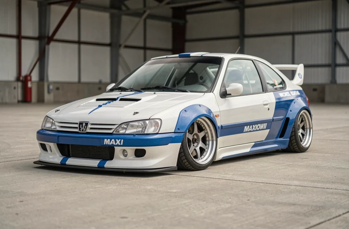 Peugeot 306 préparée avec kit carrosserie Maxi sur un paddock béton, livrée blanc et bleu, vue trois quarts avant
