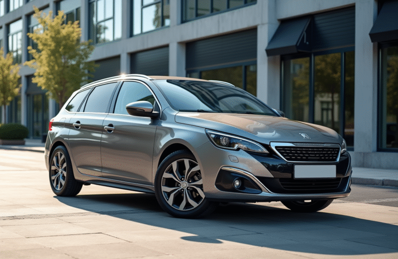 Peugeot 308 GT automatique devant un bâtiment moderne en ville