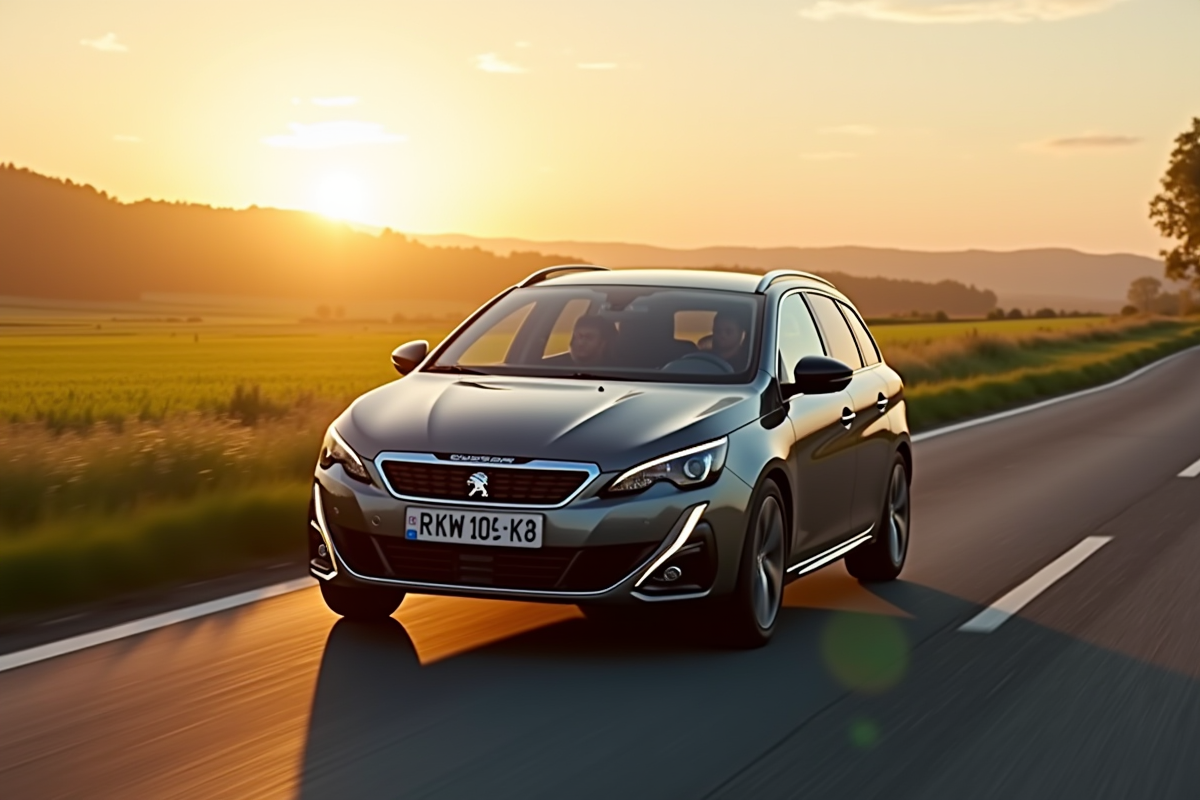 Peugeot 308 GT automatique roulant en campagne au coucher du soleil