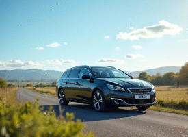 Peugeot 408 hybride en campagne ensoleillee