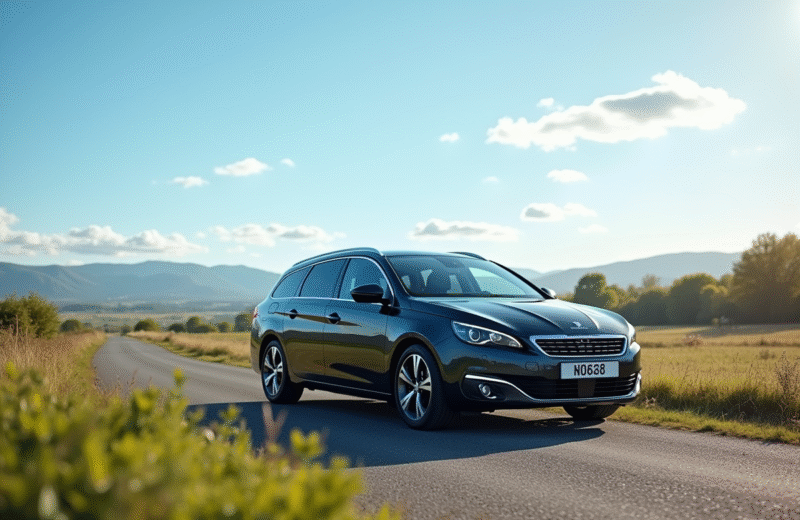 Peugeot 408 hybride en campagne ensoleillee