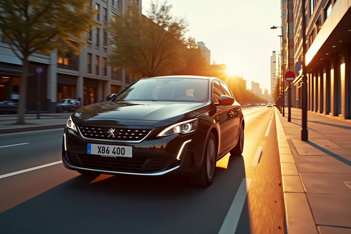 Peugeot 408 hybride en ville au coucher de soleil