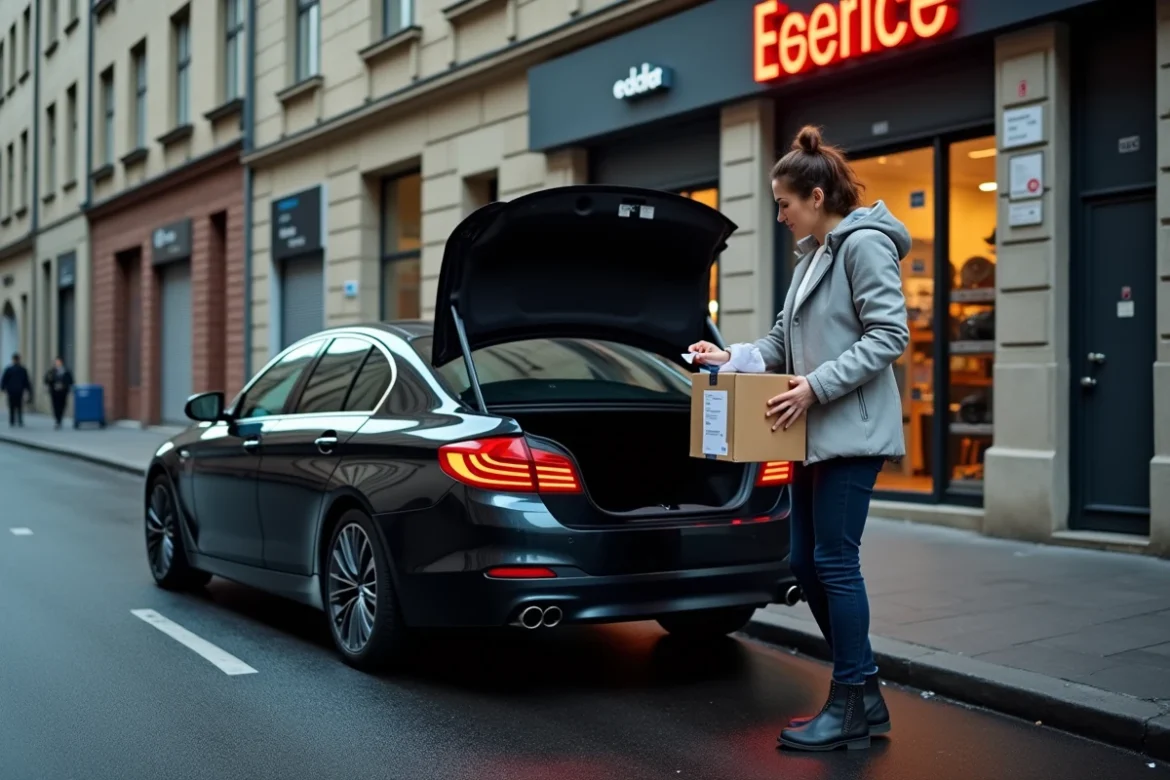 Propriétaire de BMW Série 5 F10 récupérant des pièces détachées devant un magasin automobile urbain