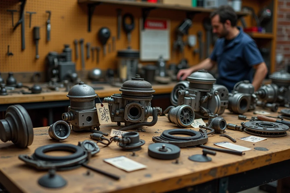 Table de tri de pièces détachées moto d'occasion dans un atelier de casse écoresponsable
