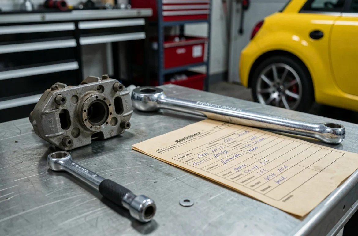 Pièces mécaniques et bon de réparation pour une voiture sans permis posés sur un établi de garage