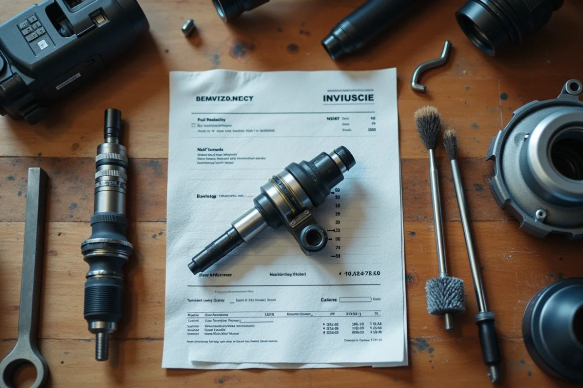Pièces moteur diesel démontées incluant vanne EGR encrassée et injecteur posées sur un établi de garage avec facture de réparation
