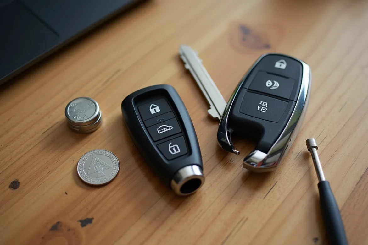 Vue de dessus d'une clé Clio 4 démontée avec pile CR2032 et pièce de monnaie sur une table en bois