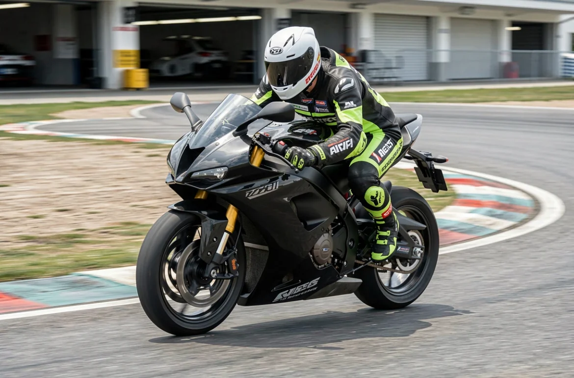 Pilote en combinaison de course sur une moto électrique superbike en plein virage sur circuit, posture dynamique et flou de mouvement sur la roue arrière