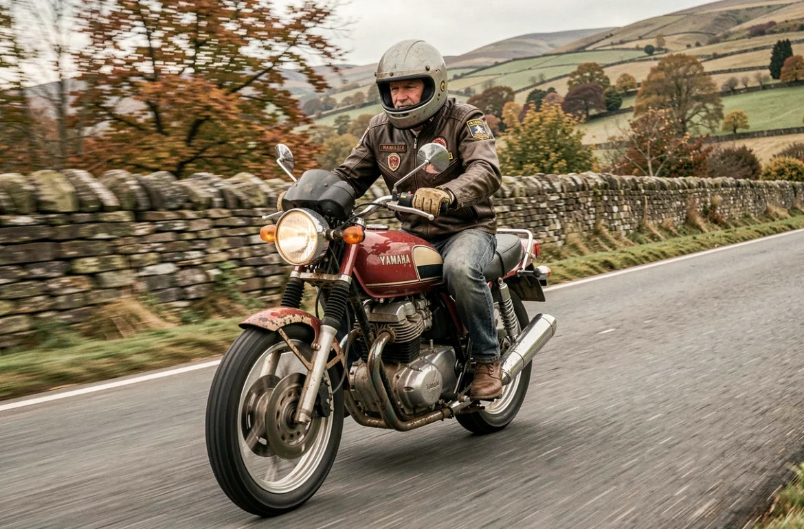 Pilote en veste cuir chevauchant une Yamaha RDLC 350 d'occasion sur une route de campagne en automne, sensation de vitesse et de conduite sportive