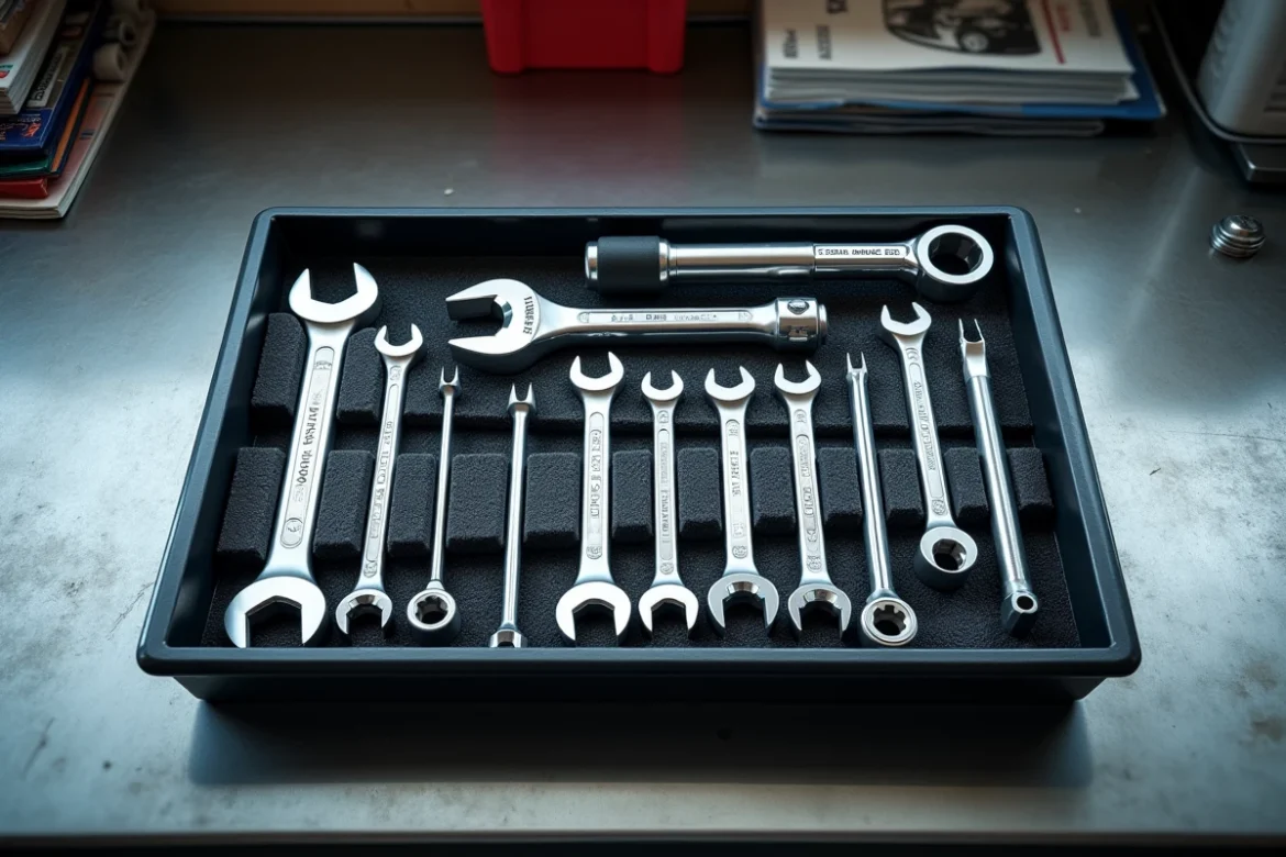 Plateau d'outillage mécanicien auto organisé par taille sur établi d'atelier professionnel