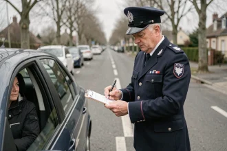 Agent de police rédigeant un procès-verbal de contravention de 5ème classe au bord d'une route française