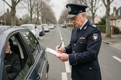 Agent de police rédigeant un procès-verbal de contravention de 5ème classe au bord d'une route française