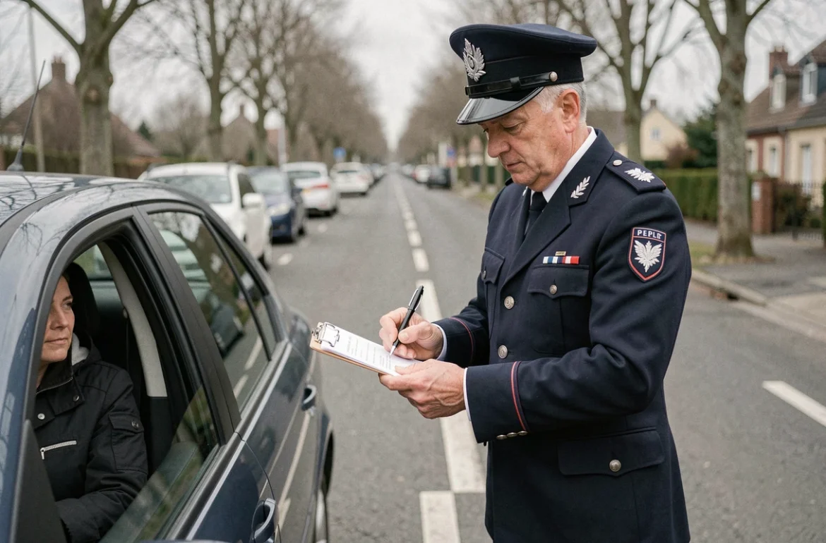 Agent de police rédigeant un procès-verbal de contravention de 5ème classe au bord d'une route française