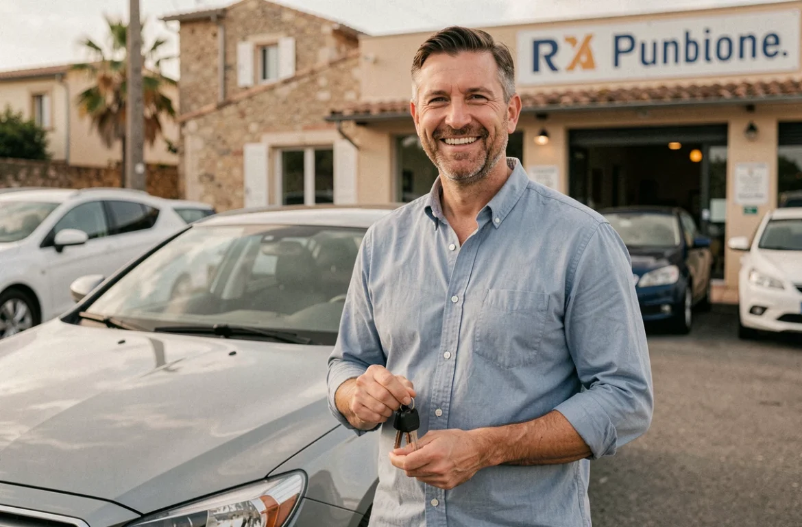 Vendeur de Poy's Cars posant avec une voiture d'occasion dans son garage indépendant dans les Bouches-du-Rhône