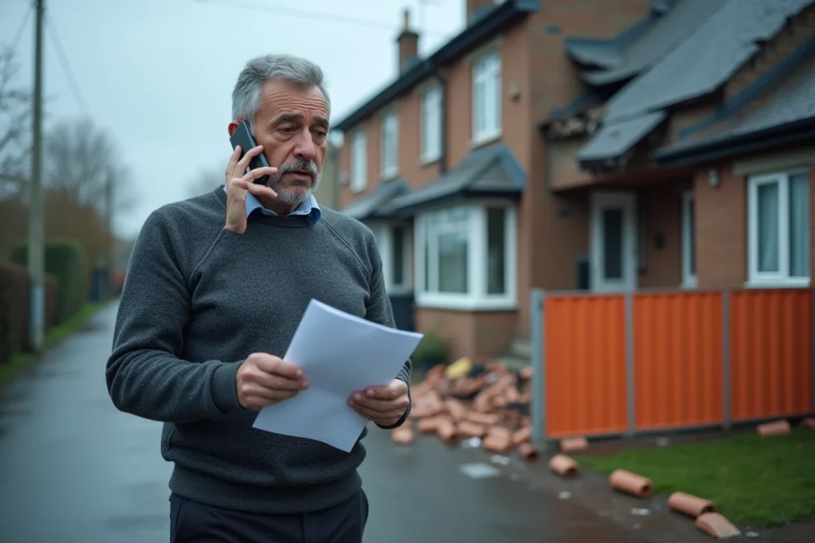 Propriétaire inquiet tenant des documents d'assurance devant une maison sinistrée après une tempête