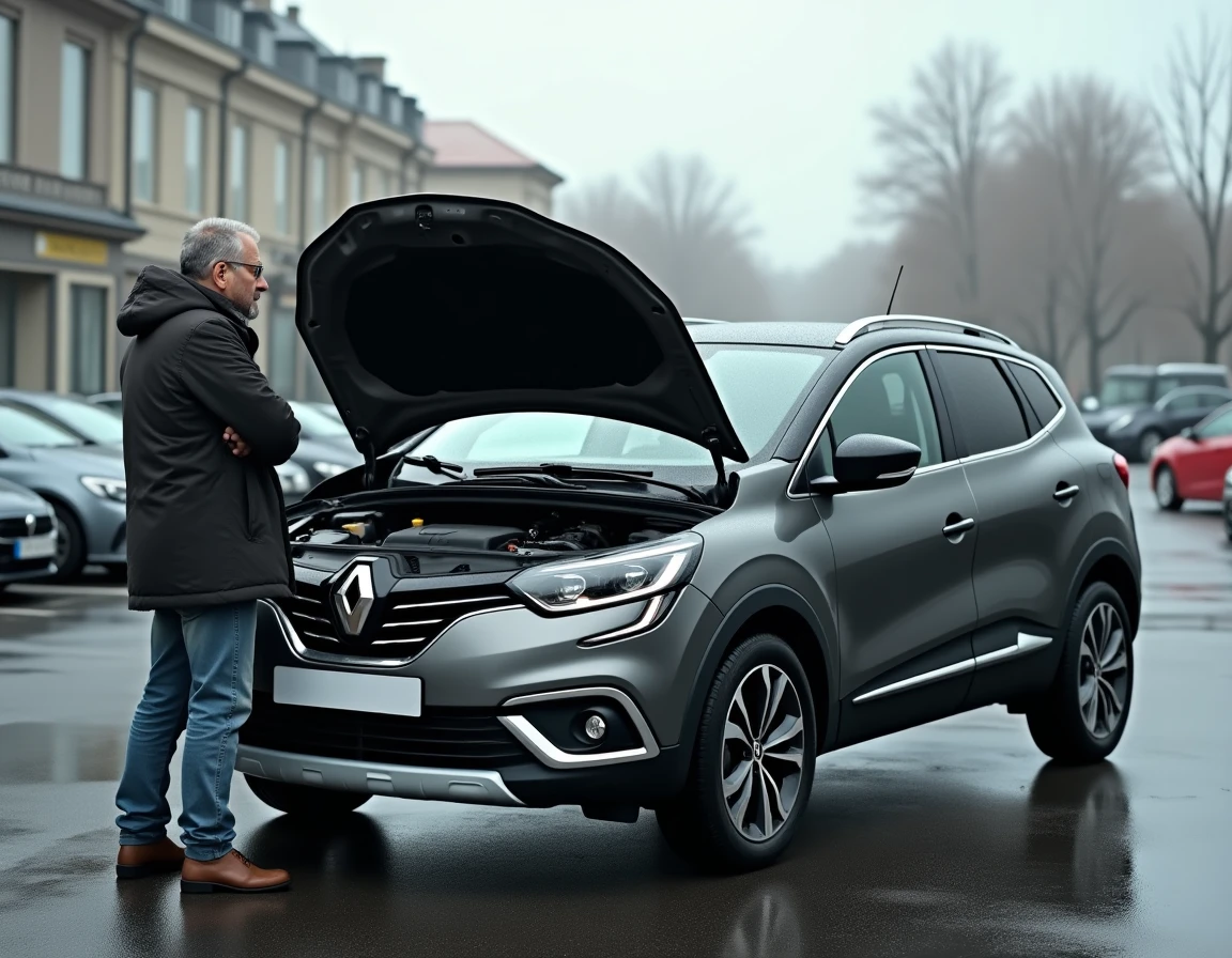 Propriétaire inspectant le moteur 1.5 dCi de sa Renault sur un parking, expression préoccupée face à l'usure du moteur diesel