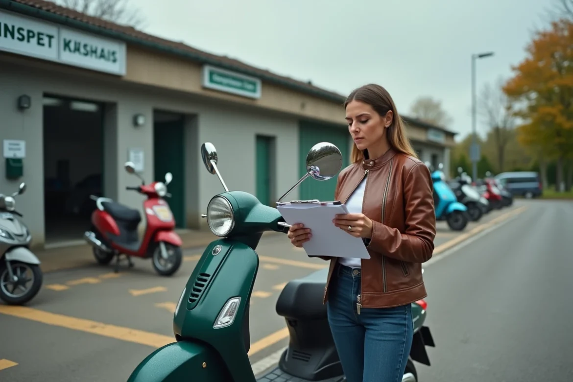 Femme propriétaire de scooter lisant les documents du contrôle technique devant un centre d'inspection deux roues
