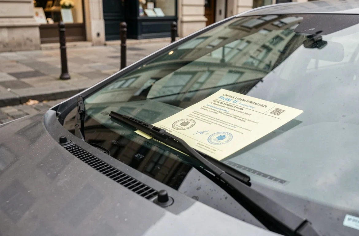 Procès-verbal de contravention de 5ème classe déposé sur le pare-brise d'une voiture en stationnement en ville