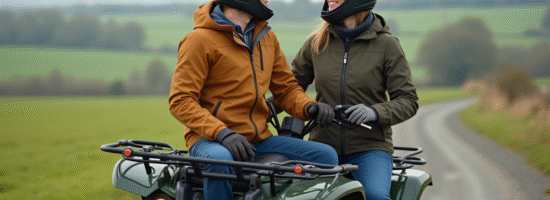 Deux adultes en randonnée à quad dans la nature