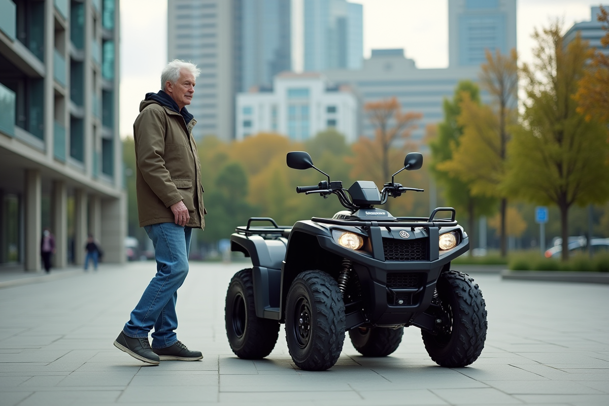 Homme avec quad dans une ville en promenade urbaine