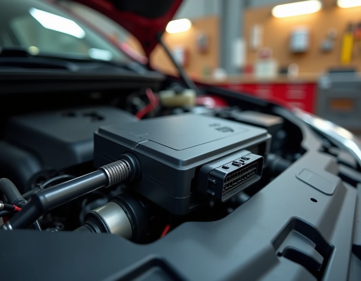 Calculateur moteur ECU d'une Renault débranché et partiellement retiré du compartiment moteur lors d'une procédure de remplacement liée au code défaut 1525F3
