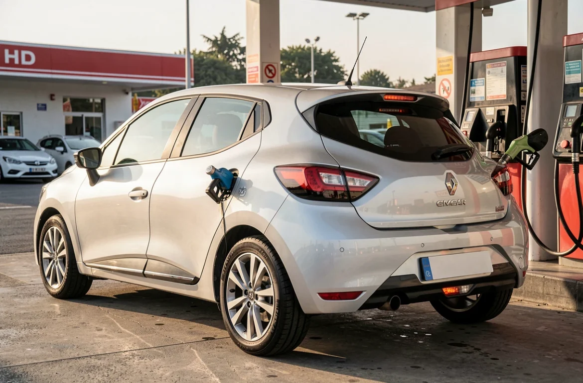 Renault Clio 3 en train de faire le plein à la station