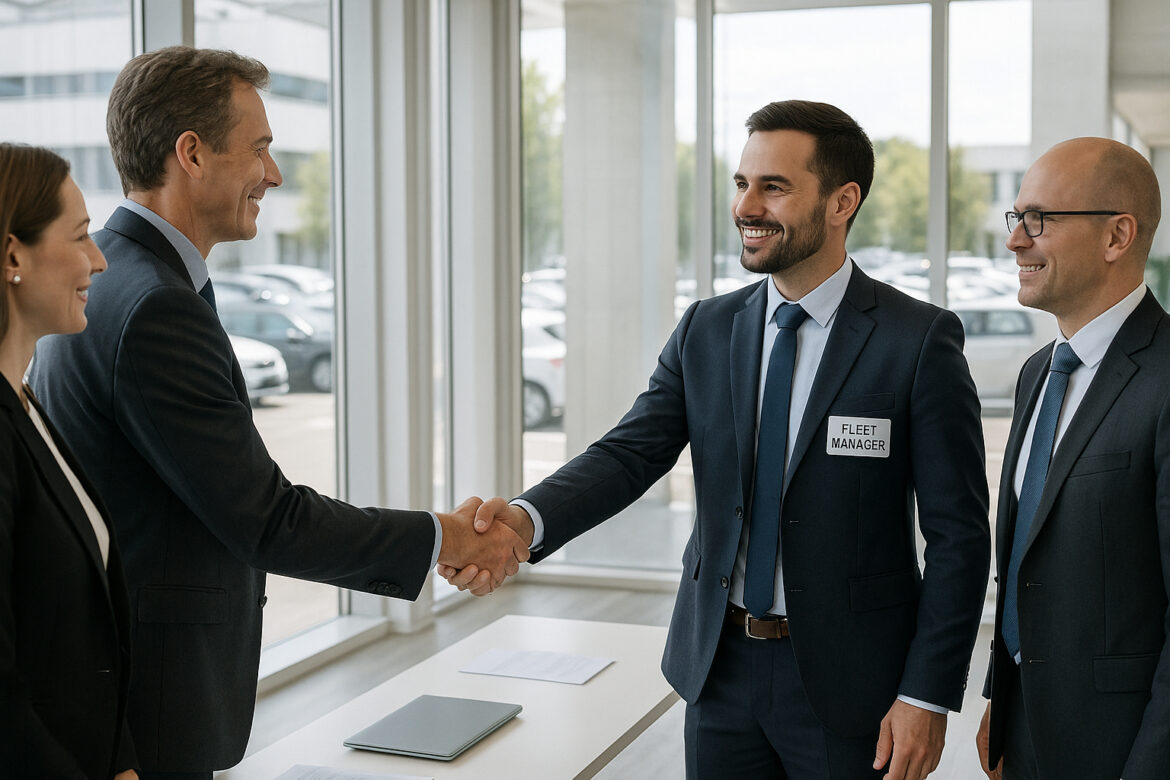 Professionnels serrant la main avec un gestionnaire de flotte dans un bureau lumineux