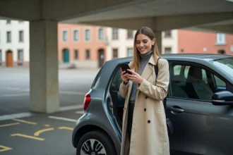 Femme réservant un parking en centre-ville de Colmar via son smartphone à côté de sa voiture garée