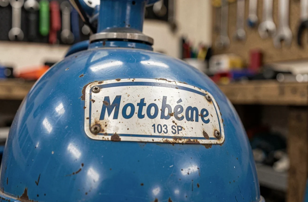 Gros plan sur le réservoir bleu d'origine d'une Mobylette 103 SP avec décalcomanies d'époque et légère patine authentique du métal