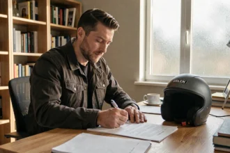Homme signant des documents de résiliation d'assurance moto à son bureau avec un casque posé à côté