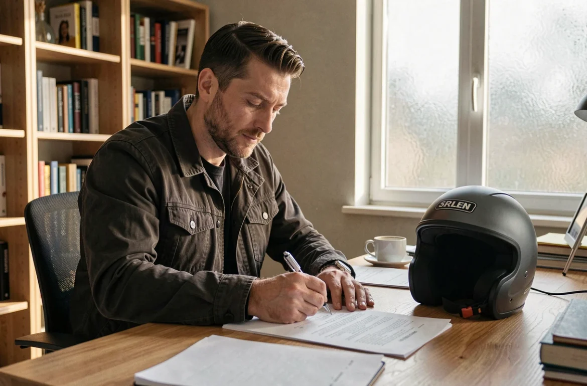Homme signant des documents de résiliation d'assurance moto à son bureau avec un casque posé à côté