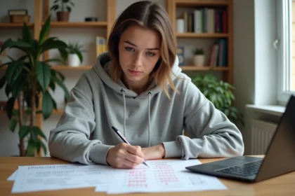 Jeune femme révisant un permis de conduire corrigé PDF sur un bureau en bois avec des feuilles annotées