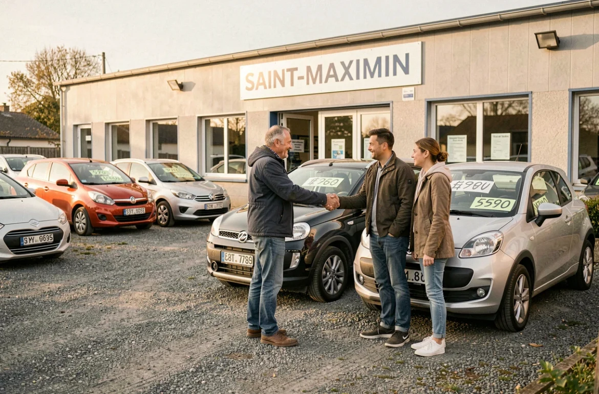 Propriétaire de Saint-Maximin Automobiles serrant la main d'un couple d'acheteurs devant un véhicule d'occasion sur le parvis