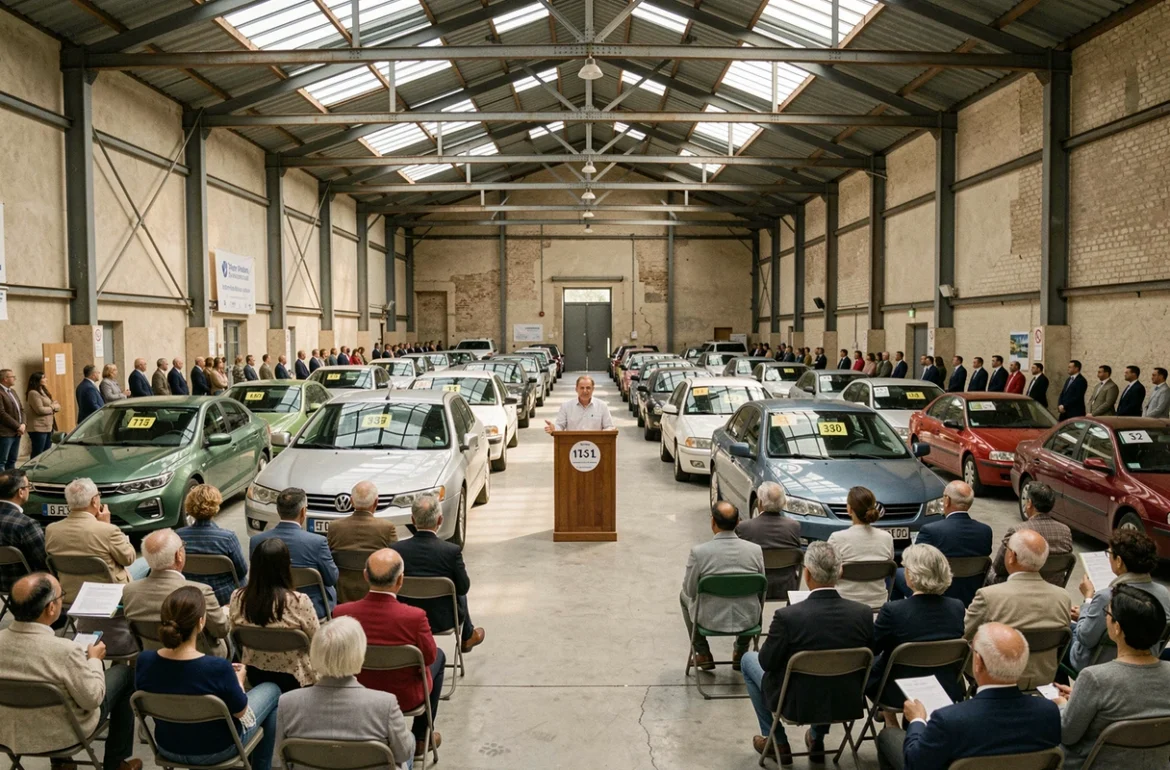 Salle des ventes automobile Marseille-Provence lors d'une enchère de voitures d'occasion avec un commissaire-priseur et des acheteurs
