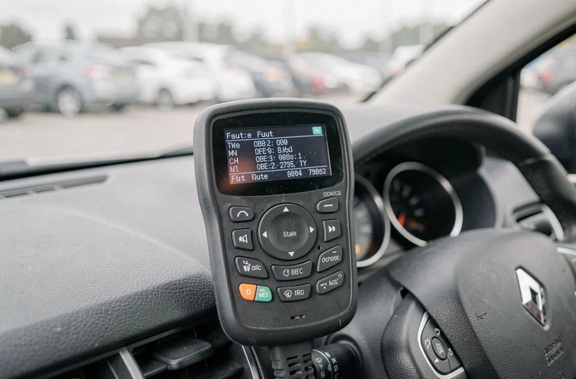 Scanner OBD2 affichant un code défaut sur le tableau de bord d'une Renault lors d'un diagnostic électronique