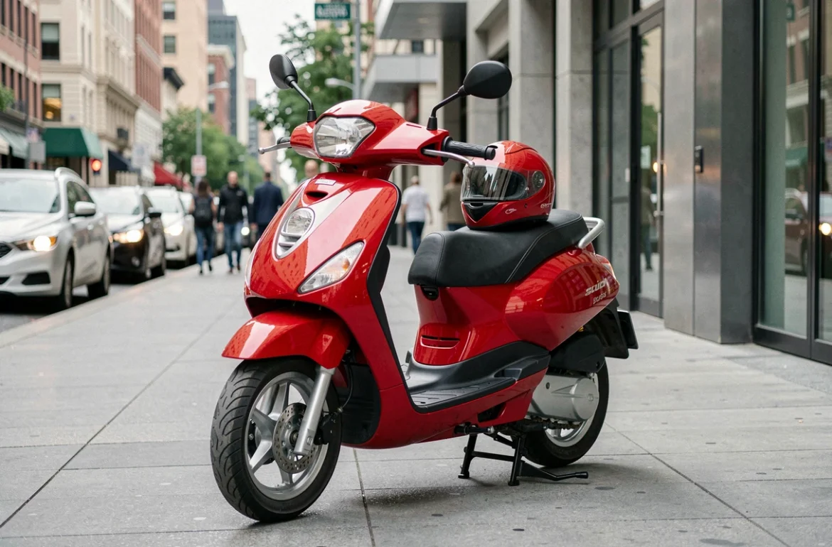 Scooter 125cc rouge garé sur un trottoir urbain avec un casque posé dessus
