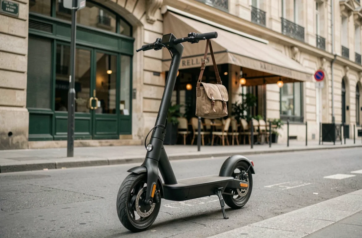Scooter électrique Unu garé sur un trottoir parisien, vue 3/4 avant sur fond de façade haussmannienne