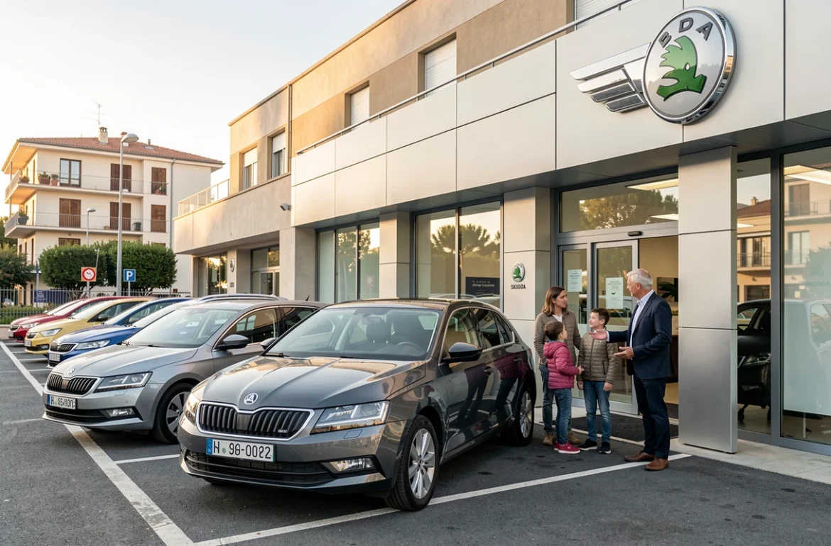 Façade de Skoda Manelli Automobiles avec des véhicules Skoda d'occasion exposés et un conseiller accueillant des clients