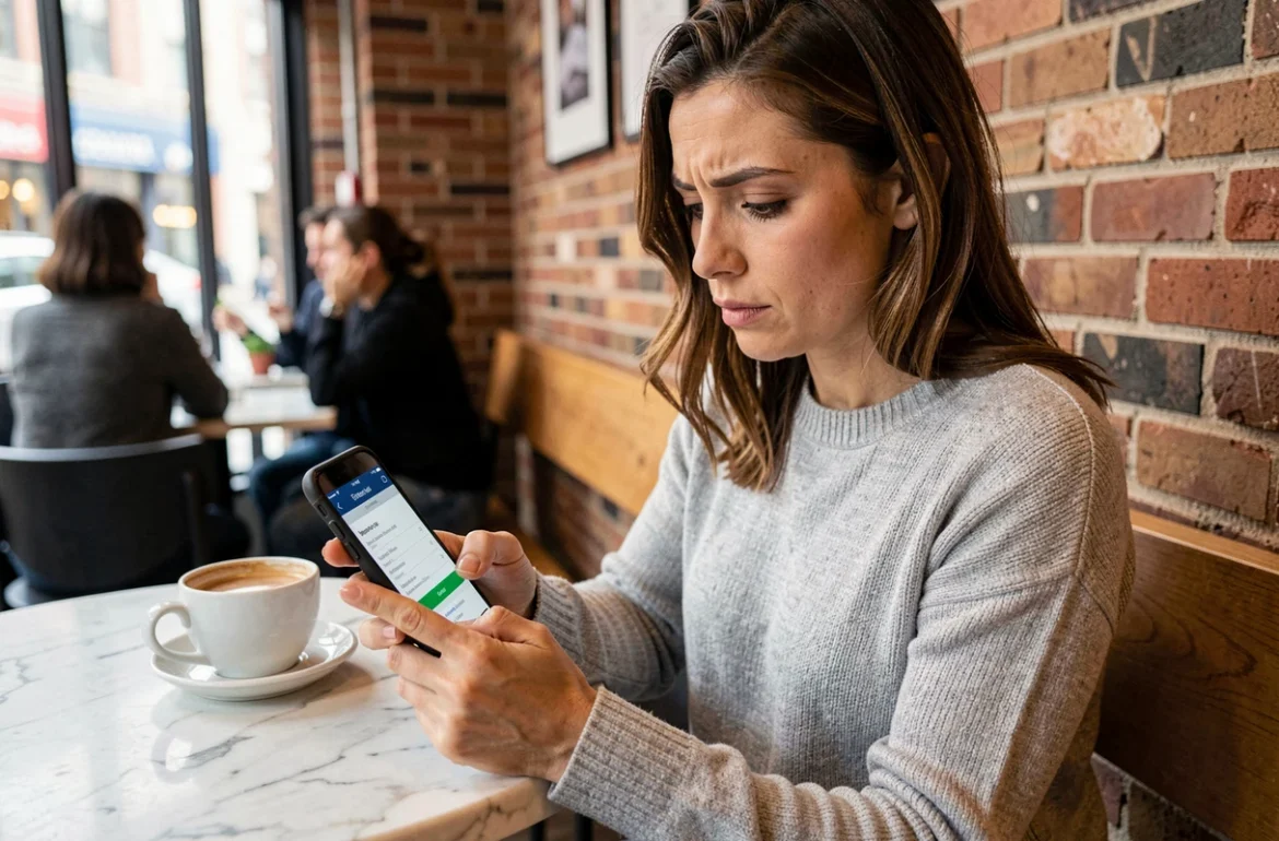 Femme consultant son smartphone pour souscrire une assurance scooter 125 dans un café