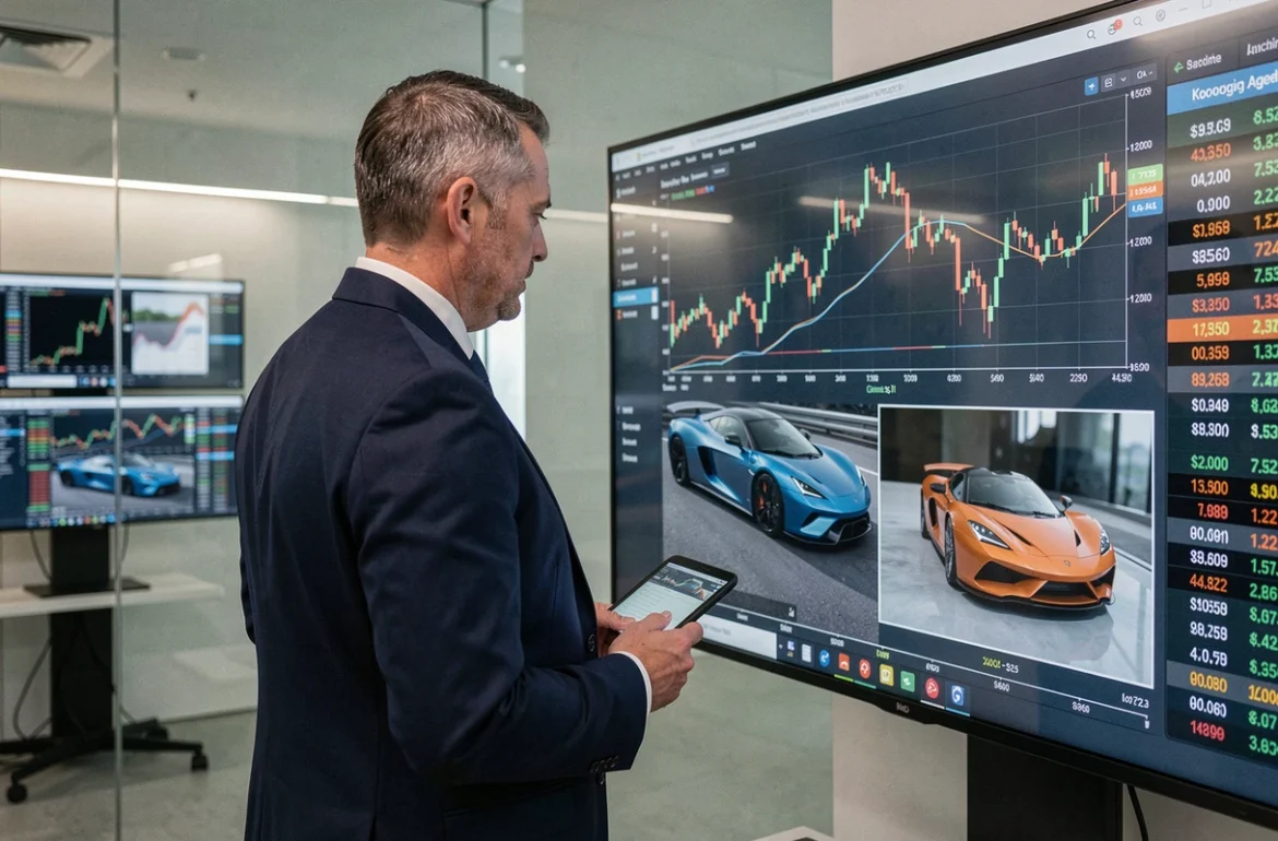 Expert en ventes de voitures de luxe analysant l'évolution du prix du Koenigsegg Agera sur des écrans de données en temps réel