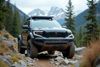 SUV 4x4 électrique sur un sentier rocheux de montagne entouré de forêts de pins et de sommets enneigés