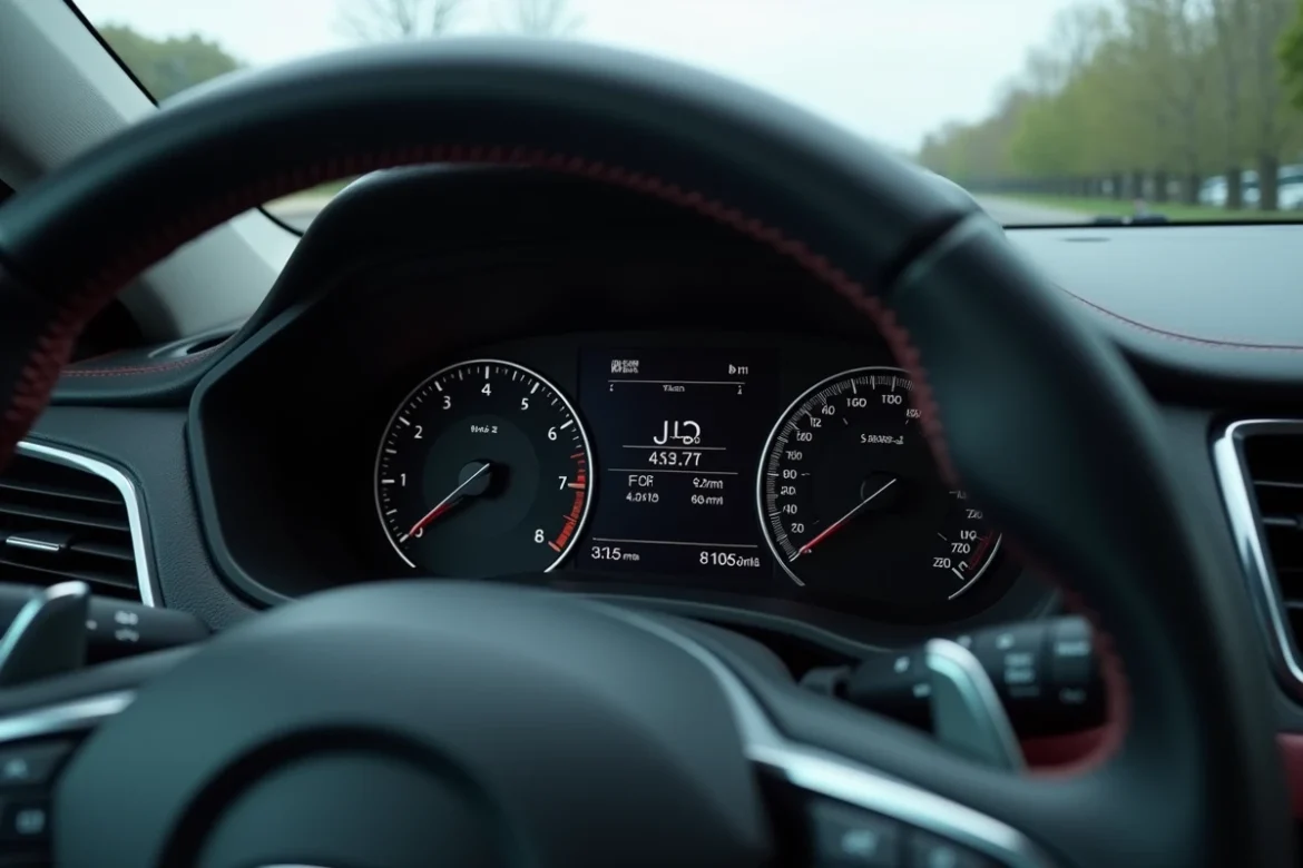 Tableau de bord de voiture moderne affichant la puissance moteur en kilowatts et la conversion en chevaux-vapeur