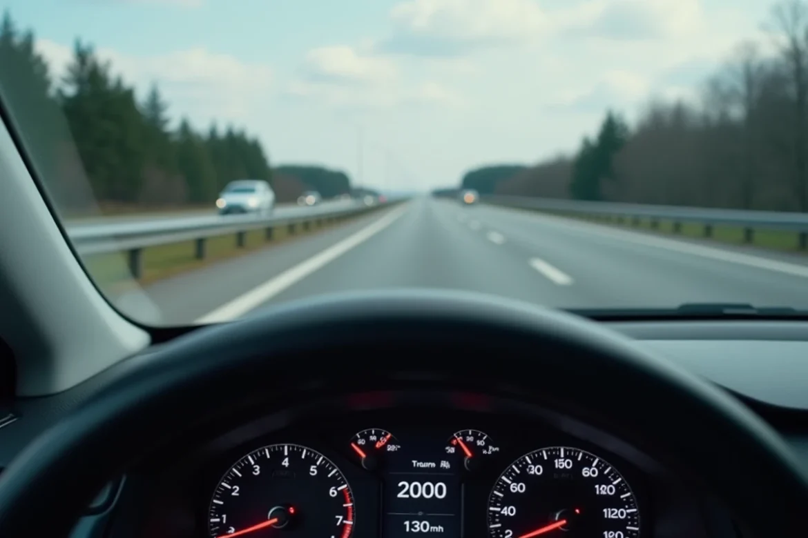 Tableau de bord d'une voiture affichant 130 km/h et le régime moteur sur autoroute